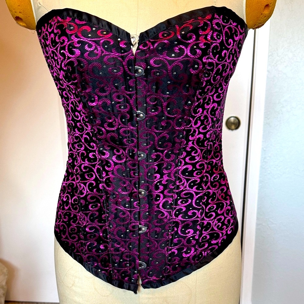 Corset Overbust Bustier Black and Pink Sparkle XL Adjustable